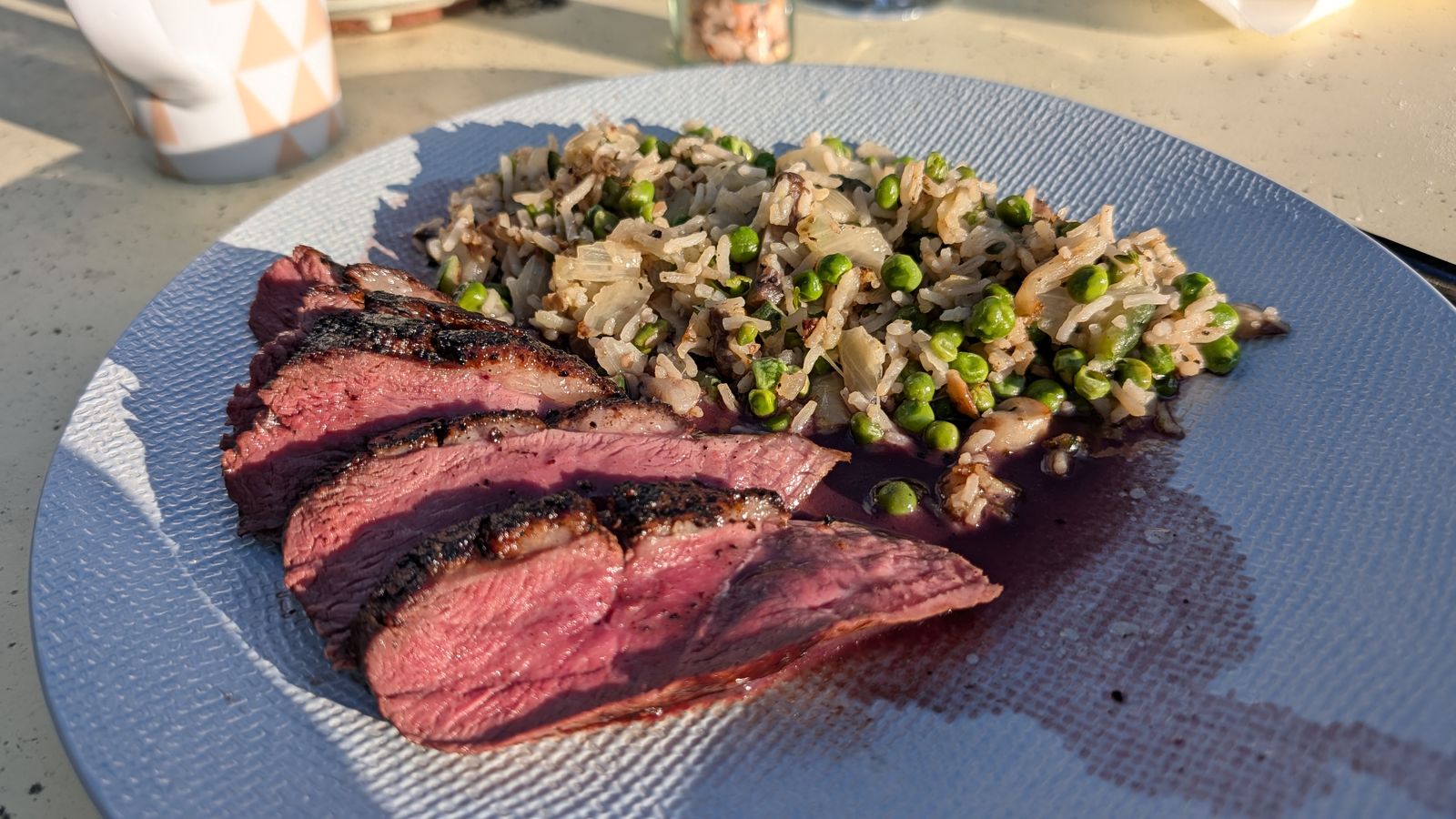 Sliced duck breast with rice and peas, Sarlat