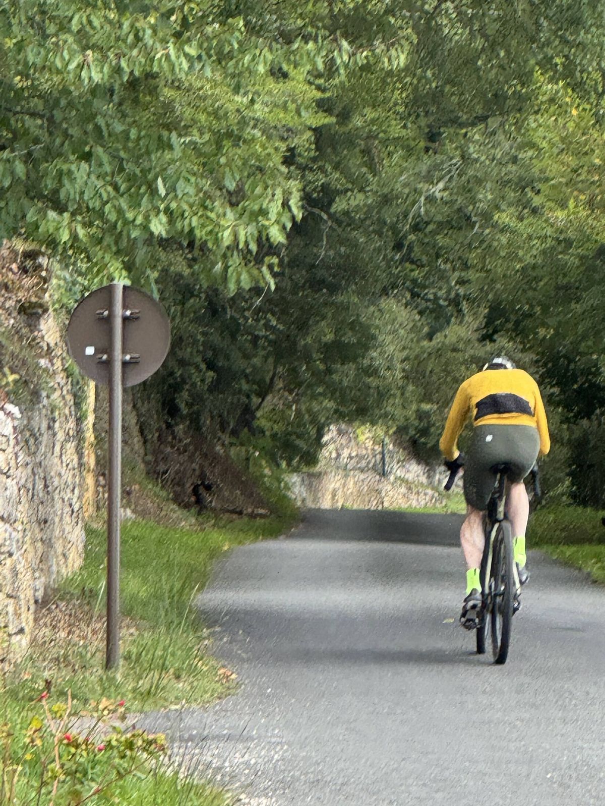 A cyclist in a yellow jersey riding down a quiet lane beside an old stone wall