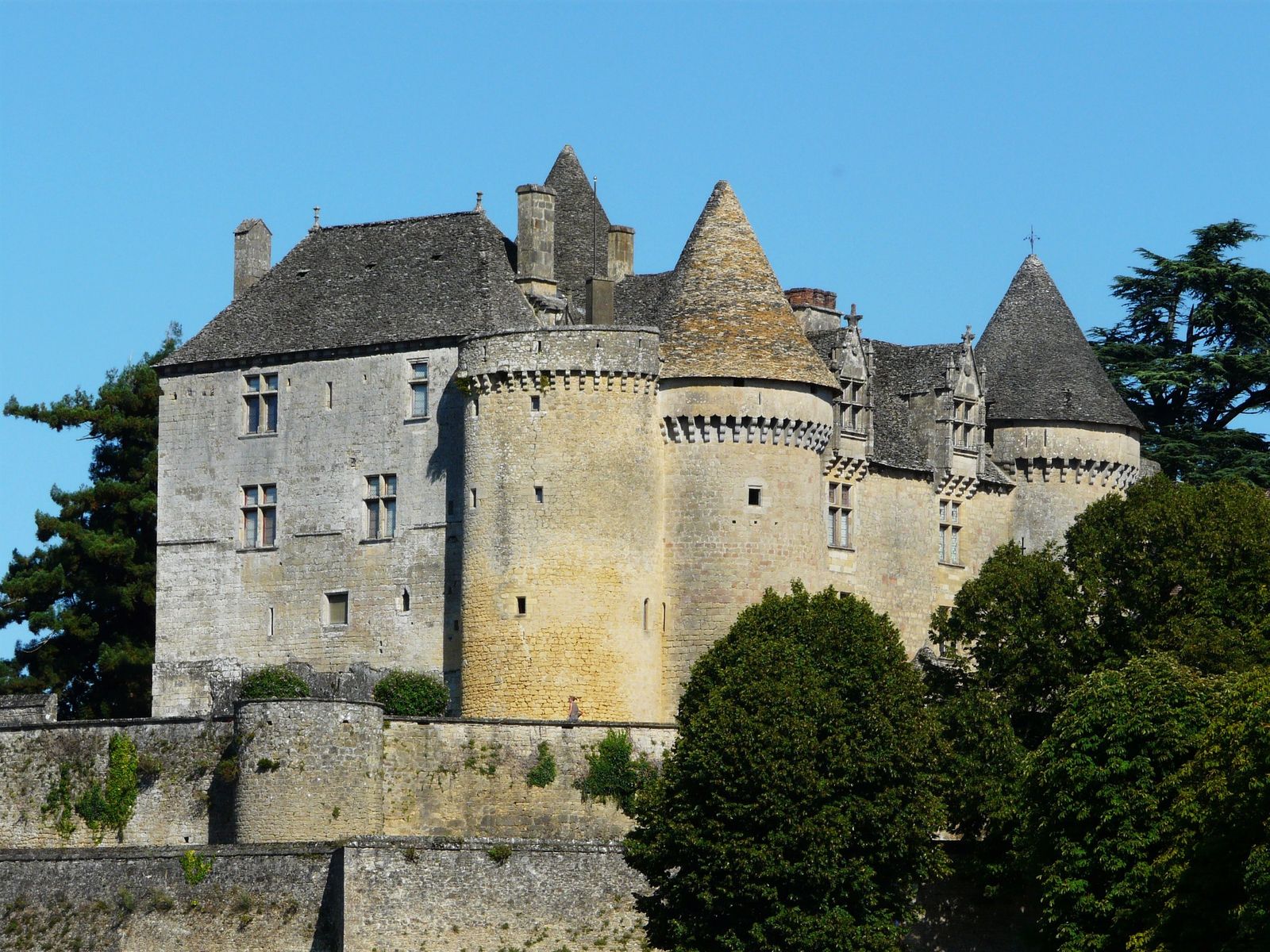 The Château de Fénelon seen from the west: pale stone walls, round towers with stone-tiled conical roofs and machicolations above its ramparts, framed by dark trees against a clear blue sky.