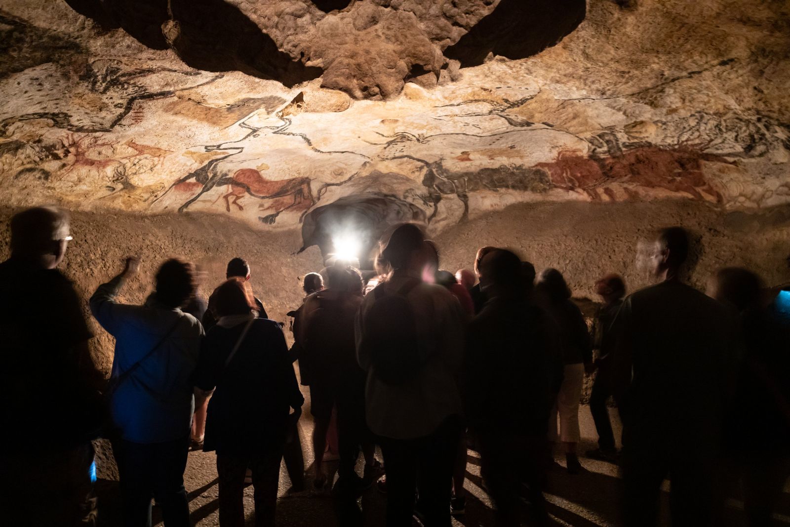 Visitors silhouetted beneath painted bulls and horses on the curved walls of the Lascaux II replica