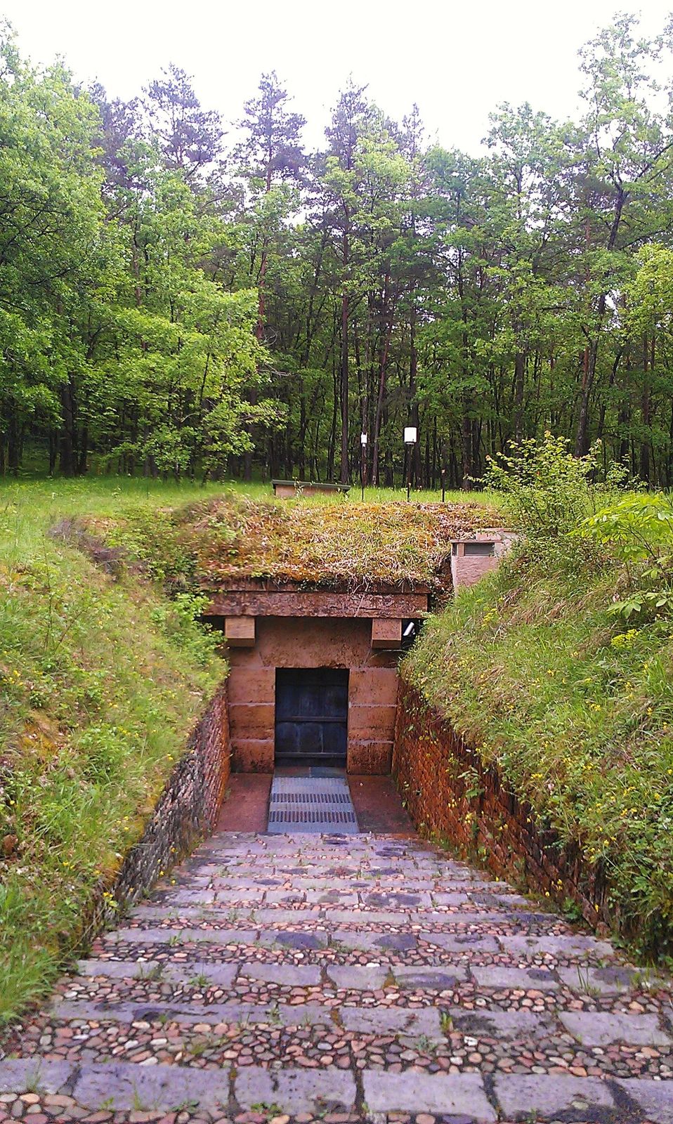 A stone-lined path leading down to a small doorway in a grassy bank among trees: the entrance to the original Lascaux cave