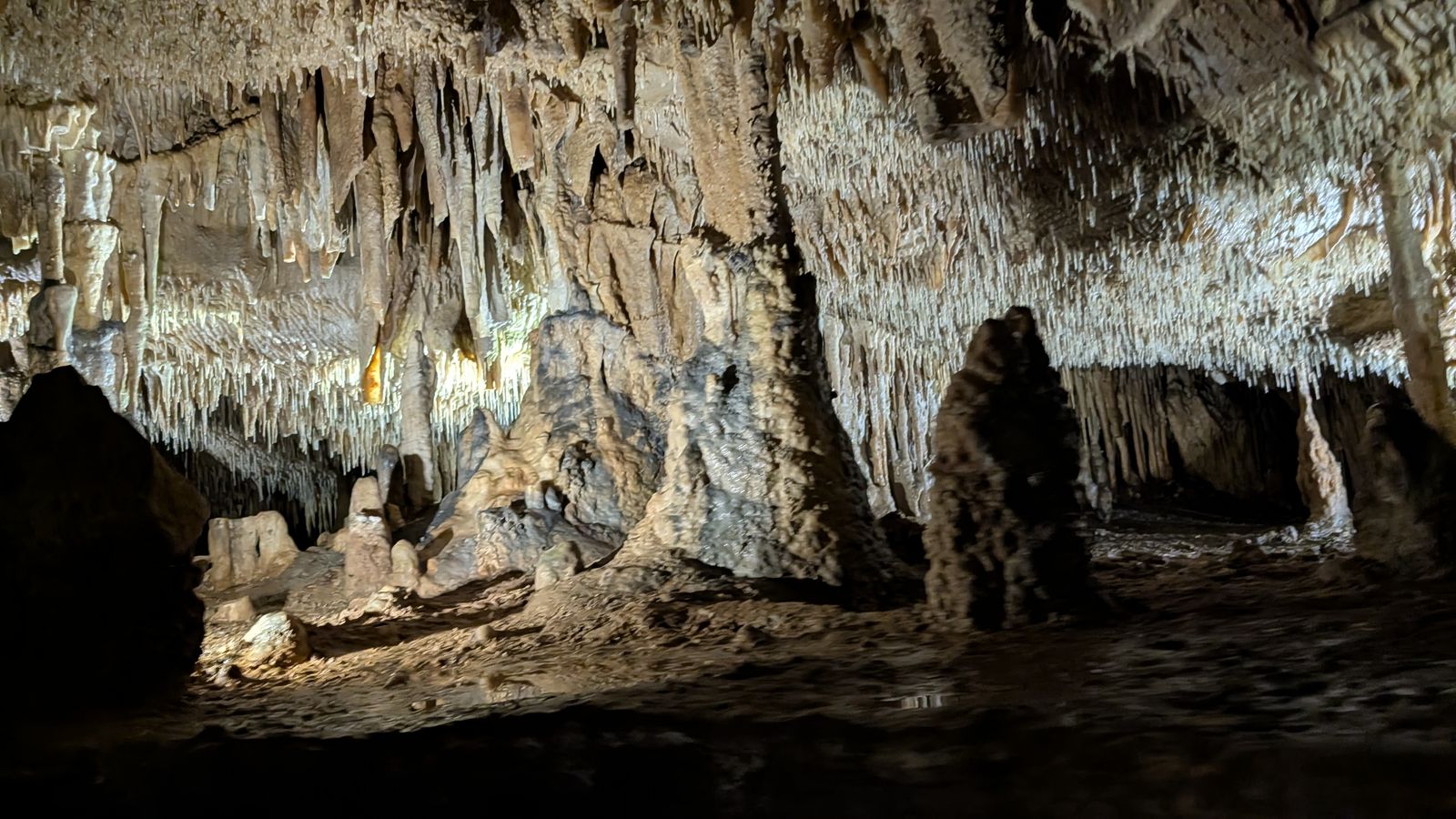 Lit stalactites and columns hanging over a cave chamber beneath Domme