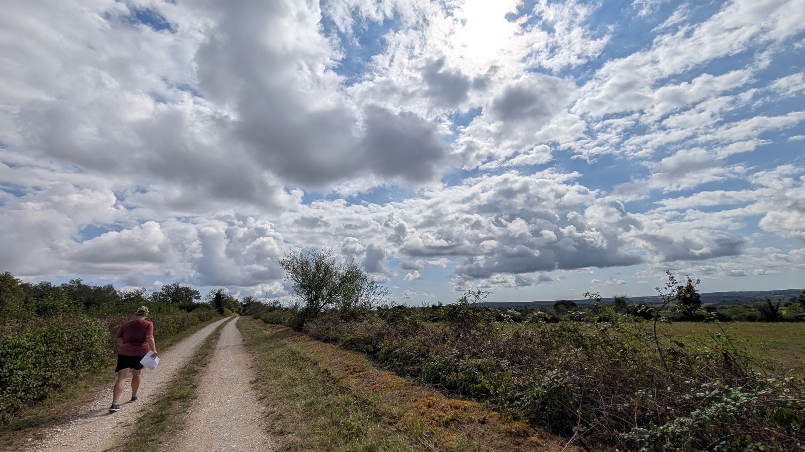 A walker far along a straight track through open countryside under a cloudy sky