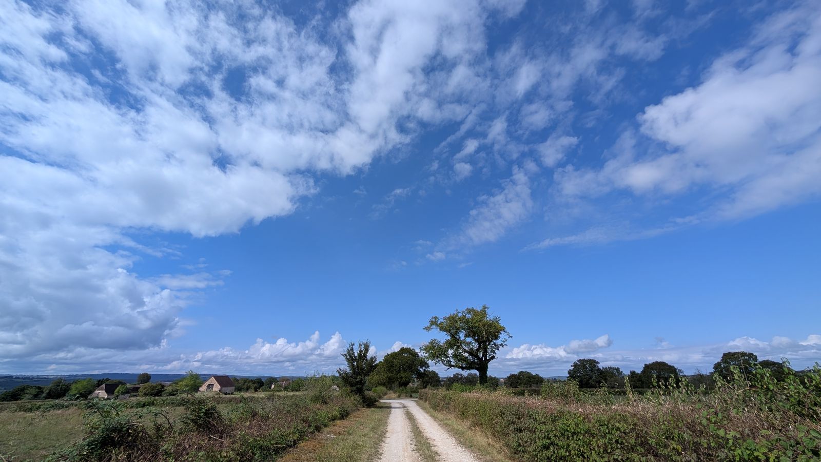 A pale track crossing open, scrubby countryside under a big sky near Rocamadour
