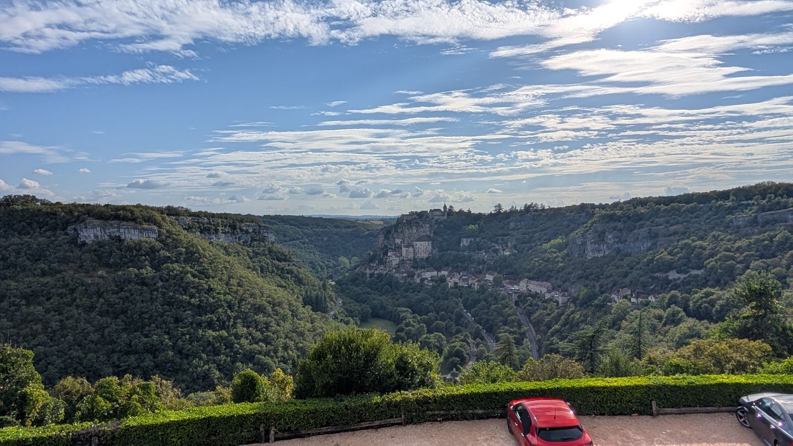 Wooded hills and limestone cliffs in the valley around Rocamadour