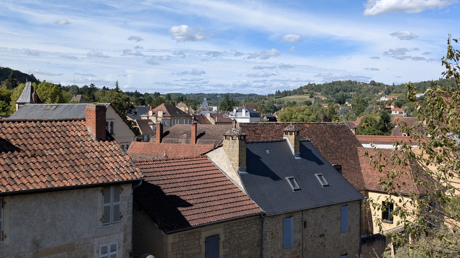 Stone and tiled rooftops of Sarlat with wooded hills behind