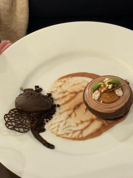 A chocolate dessert: a small chocolate tart, a scoop of chocolate ice cream and a chocolate lace on caramel sauce