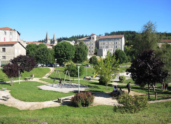 Lalouvesc’s public garden, with the basilica behind